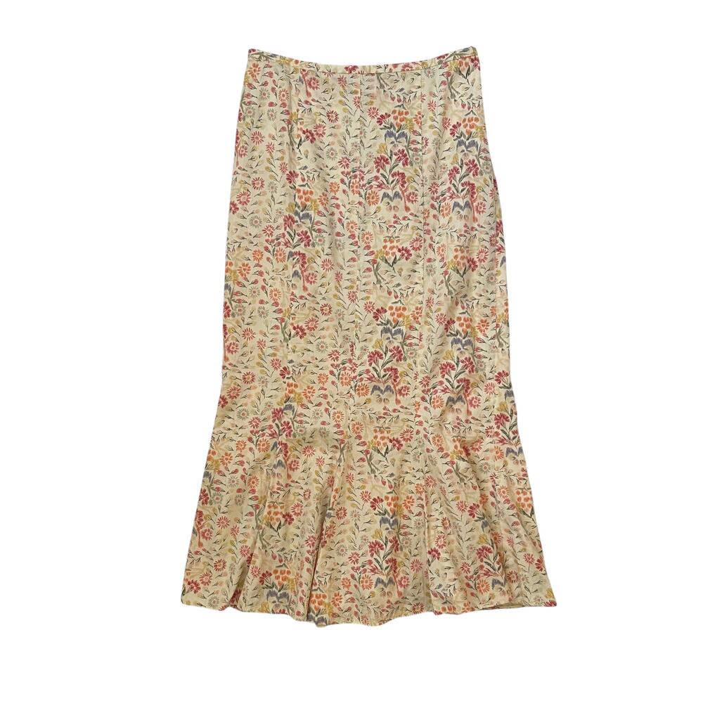 Peruvian Connection Pima Cotton Trumpet Skirt -Cream Multicolor Floral - Size 8
